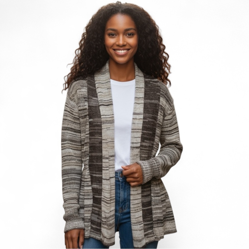 One A Elastic Waist Open Front Rolled Collar Horizontal Stripe Cardigan Size L